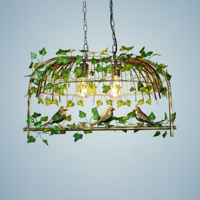 Iron Bird Cage Hanging Light Farmhouse Restaurant Island Light with Plant Decoration