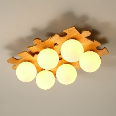 Jigsaw Puzzle Ceiling Light Nordic Wooden Bedroom Semi Flush Mount with Ball Opal Glass Shade