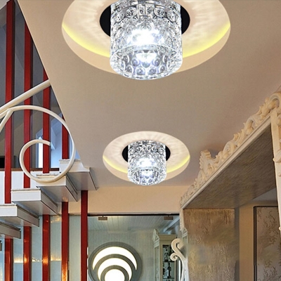 Simple Cylindrical Ceiling Lamp Clear Crystal Foyer LED Flush Mount Spotlight in Chrome