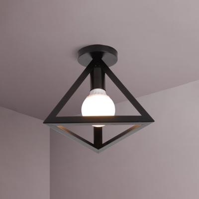 Single-Bulb Metal Ceiling Lamp Vintage Tetrahedron Cage Corridor Semi Flush Mount Light
