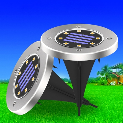 Stainless Steel Round In-Ground Light Modern Silver LED Solar Pathway Lamp with Stake