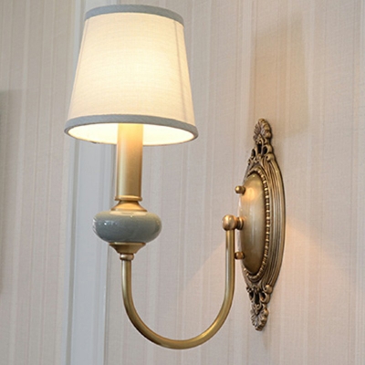 Vintage Tapered Wall Mount Lamp Fabric Sconce Light Fixture with Arc Arm in Brass