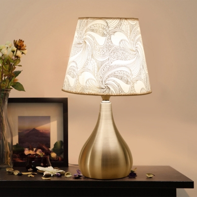 1-Bulb Bedside Table Light Modern Silver Night Lamp with Tapered Print Fabric Shade