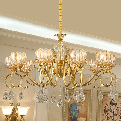 Amber Crystal Glass Lotus Chandelier Traditional Style Living Room Ceiling Light with Scroll Arm in Gold