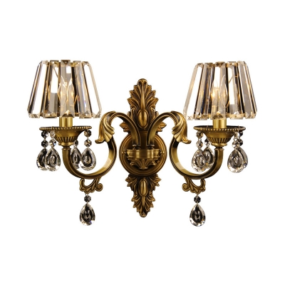 Bronze Curved Arm Wall Light Antique Style Metal 2-Light Foyer Sconce with Tapered Crystal Shade