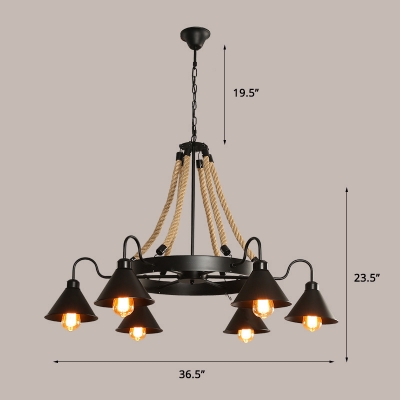 Conical Iron Chandelier Light Industrial 6-Light Bedroom Ceiling Suspension Lamp in Black