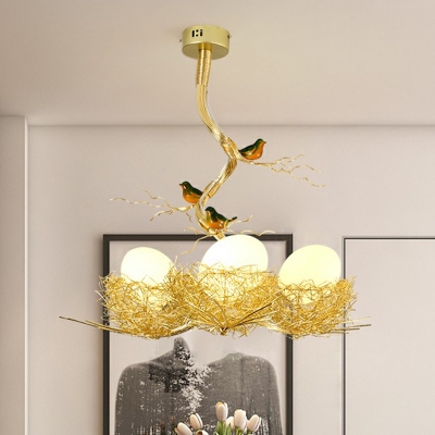 Cream Glass Egg Ceiling Fixture Artistic Gold Chandelier Light with Nest and Bird Decoration