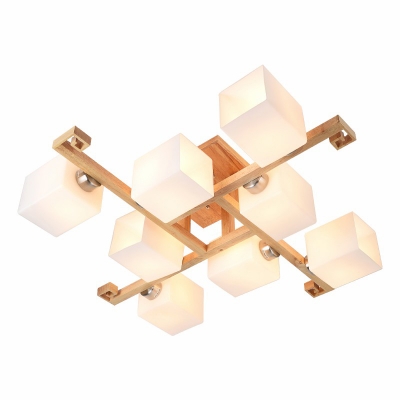 Cube Shaped Frosted Glass Ceiling Flush Light Nordic Style Wood Semi Mount Lighting