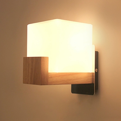 Cubic White Glass Sconce Lamp Nordic Style 1 Head Wall Mount Light with Wooden Arm