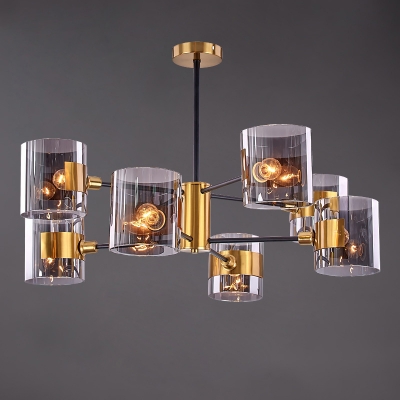 Cylindrical Smoke Glass Hanging Light Postmodern Brass-Black Chandelier for Living Room