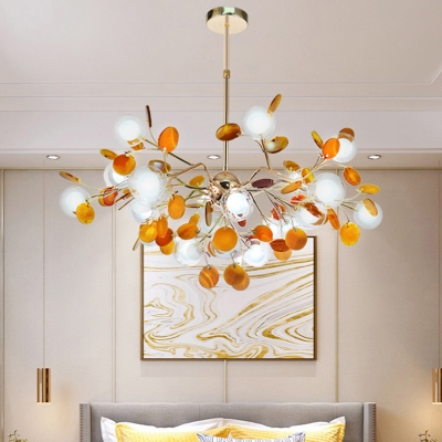 Foliage Bedroom Hanging Light Fixture Clear and White Glass Modern Stylish Chandelier with Agate Decor