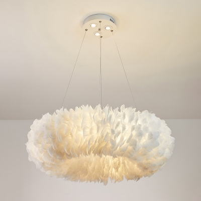 Hand-Woven Circular Feather Chandelier Minimalist White Pendant Light Fixture for Bedroom