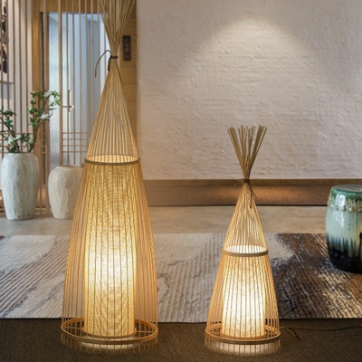 Japanese Style 1-Light Floor Lamp Wood Conical Standing Floor Light with Bamboo Shade