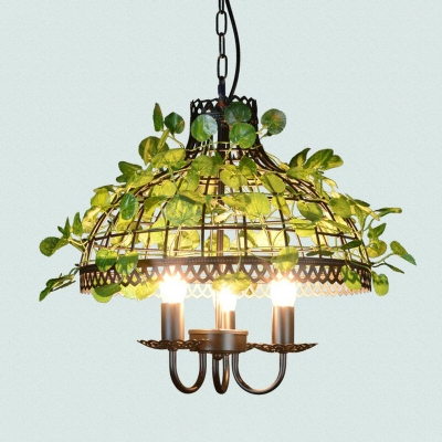 Rustic Cage Chandelier Metal Pendant Light Fixture with Decorative Vine in Green for Bistro