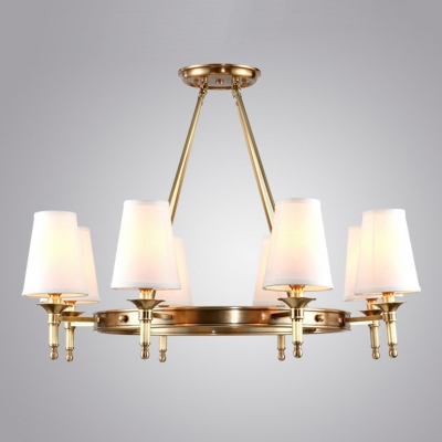 Simplicity Chandelier Brass Circular Suspension Pendant Light with Tapered Fabric Shade
