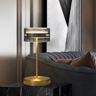 Smoke Grey Glass Round Nightstand Light Postmodern Brass Finish LED Table Light for Living Room