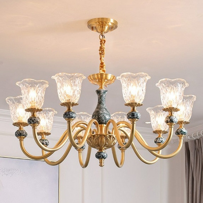 Traditional Flower Chandelier Clear Carved Glass Pendant Light with Brass Curved Arm and Ceramic Accents