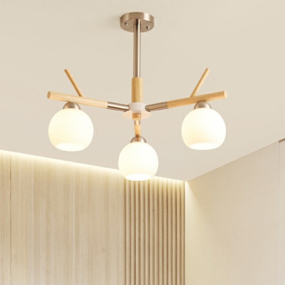 Wooden Branches Chandelier Nordic Style Suspension Light with Dome Milky Glass Shade