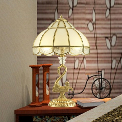 1 Head Gourd Shaped Table Light Traditional Bronze Frosted Glass Nightstand Lamp with Swan Decor