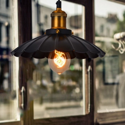 1-Light Floral Hanging Lamp Industrial Black Metal Pendant Light Fixture for Dining Room