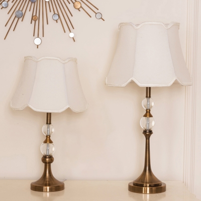 1-Light Paneled Bell Table Light Country White-Gold Fabric Night Lamp with Scalloped Trim