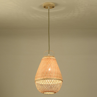 Bamboo Droplet Shaped Pendulum Light Asian 1 Bulb Wood Hanging Light for Restaurant