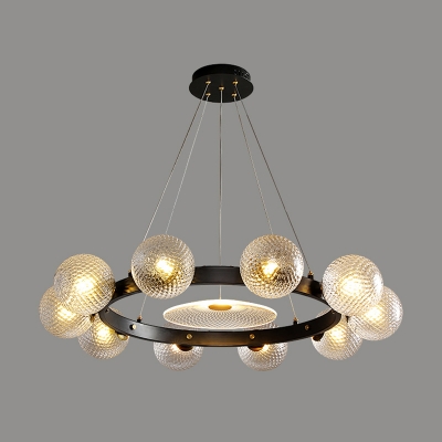 Black Circular Pendant Light Modern Lattice Ball Glass Chandelier for Dining Room