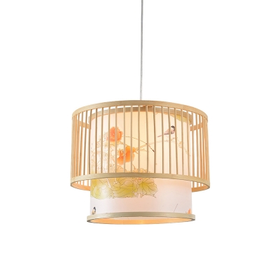 Cylindrical Hanging Light Chinese Style Bamboo 1-Head Beige Drop Pendant for Restaurant