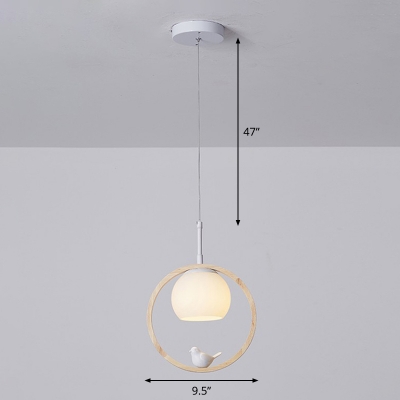 Dome Milky Glass Pendant Lighting Nordic 1 Head Hanging Light with Bird and Wood Ring