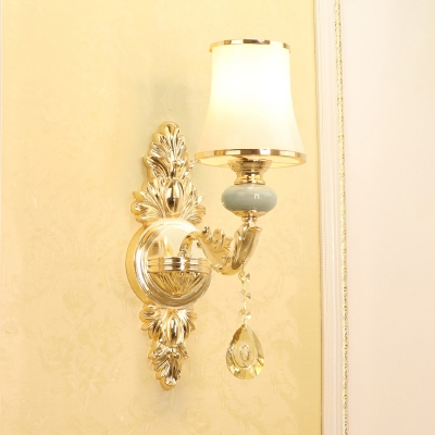 Frosted Glass Flared Wall Lamp Fixture Traditional Bedroom Sconce Light with K9 Crystal Deco