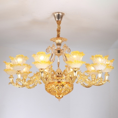 Gold Floral Ceiling Suspension Lamp Traditional Ombre Glass Bedroom Chandelier Light Fixture