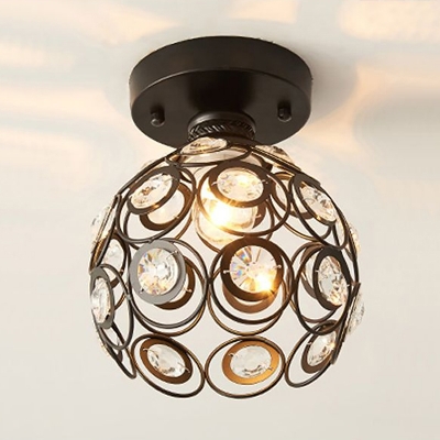 Hollowed-out Foyer Ceiling Lamp Vintage Crystal 1 Head Black Semi Flush Mount Light
