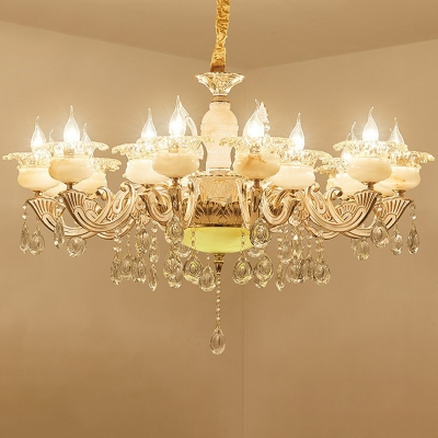 Jade Candle Style Ceiling Chandelier Traditional Living Room Hanging Light Fixture with Crystal Drops in White