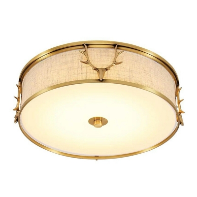Minimalist Drum Ceiling Mounted Light Fabric Dining Room Flush Mount with Antler Decor