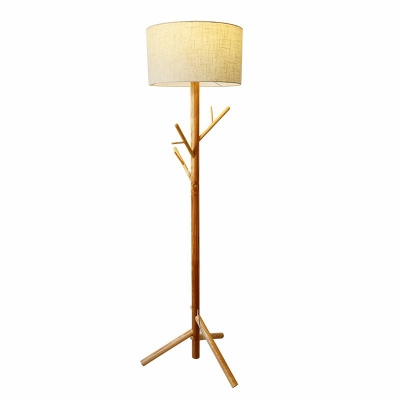 Nordic Tree Branch Floor Light Wooden 1-Bulb Living Room Standing Lamp with Drum Feather Shade in Flaxen