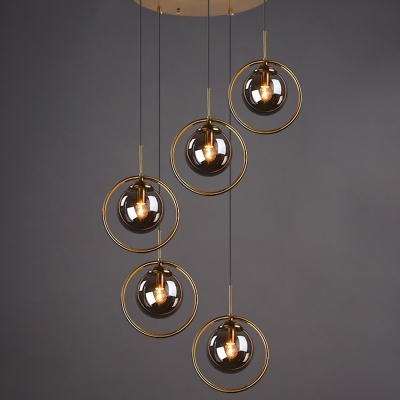 Postmodern Spiral Ceiling Light Ball Glass 5-Head Dining Room Multi Light Pendant in Brass