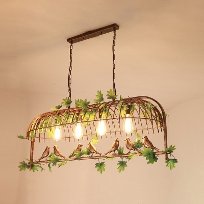 Rustic Birdcage Island Lamp Metal Suspension Pendant Light with Bird and Art Leaf Deco