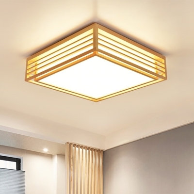 Square LED Ceiling Light Fixture Japanese Style Wooden Tatami Flush Mounted Light