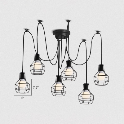 Swag Pendant Lighting Loft Style Restaurant Ceiling Light with Ball Shaped Metal Cage Shade in Black