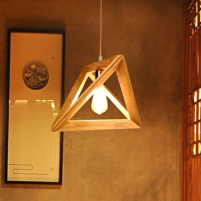 Triangular Cage Pendant Lamp Minimalist Wooden 1 Bulb Beige Ceiling Light for Dining Room