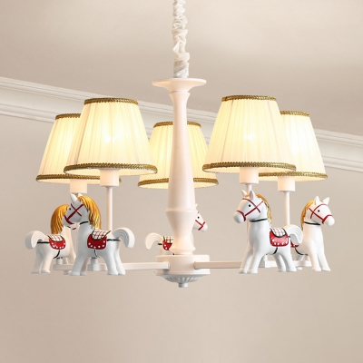 White Empire Shade Chandelier Kids Pleated Fabric Hanging Light with Resin Horse Deco