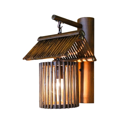 Bamboo Cage Wall Mounted Light Asian Style 1 Head Sconce Lighting for Restaurant