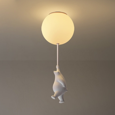 Cartoon 1-Light Ceiling Fixture White Bear and Balloon Flush Mount Light with Cream Glass Shade for Nursery