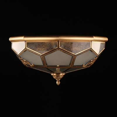 Frosted Glass Panes Brass Ceiling Fixture Bowl Shaped Traditional Flush Mounted Light