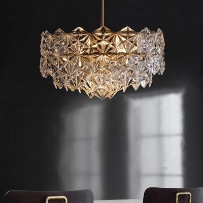 Hexagonal Hanging Light Postmodern Carved Crystal 6 Bulbs Dining Room Chandelier in Gold