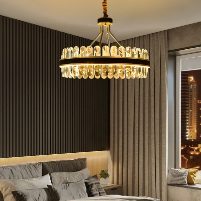 Leather Ring Shaped Suspension Light Simple Gold-Black LED Chandelier with Crystal Accents