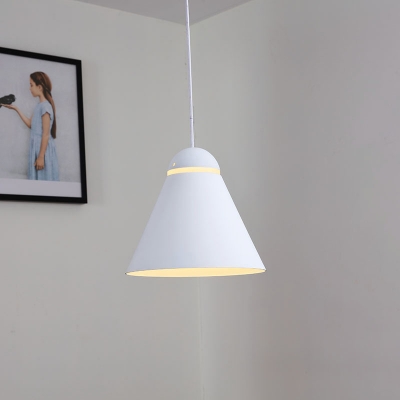 Matte White Tapered Pendant Lamp Nordic 1 Head Metal Hanging Light for Dining Room