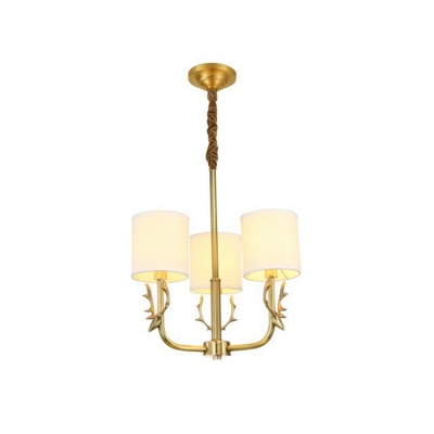 Nordic Cylindrical Chandelier Fabric Dining Room Suspension Light with Antler Deco in Brass