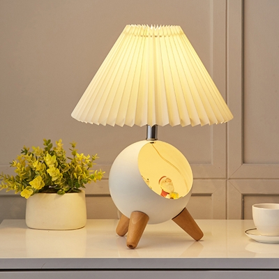 Pleated Fabric Tapered Nightstand Light Childrens 1-Bulb Table Lamp with Tripod Dome Nest and Figurine Decor