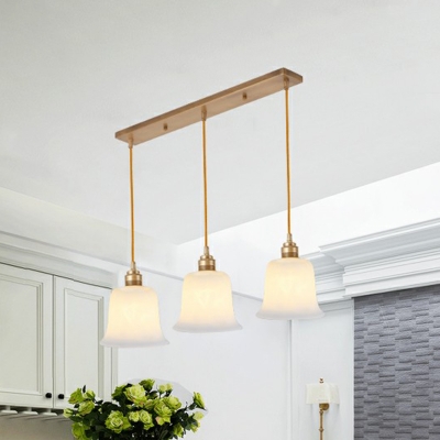 White Glass Shaded Cluster Pendant Light Country 3-Light Dining Room Hanging Light in Brass